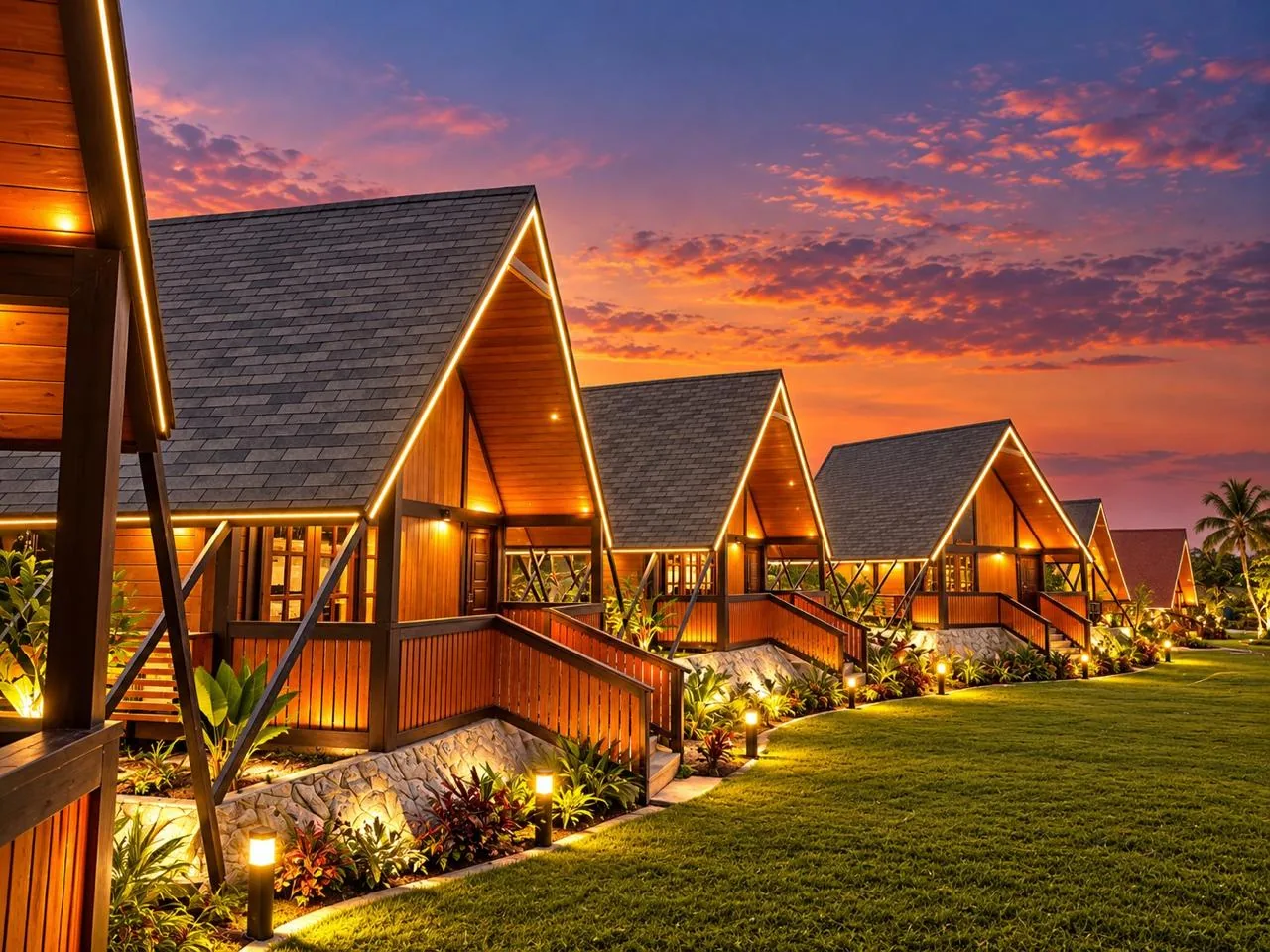 Row of A-frame timber cottages with private verandahs along a sunset lawn at Soulspire