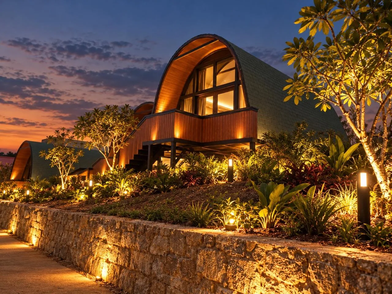Arched timber villa with floor-to-ceiling glass above a lantern-lit stone wall at Soulspire
