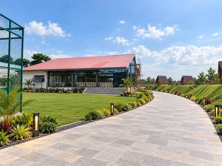 Curving stone walkway through landscaped gardens by day