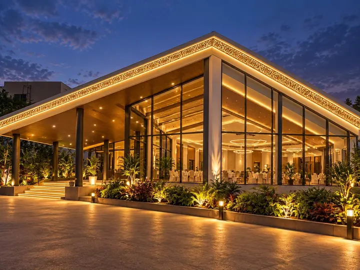 Glass-walled banquet pavilion with a filigree roofline at Soulspire