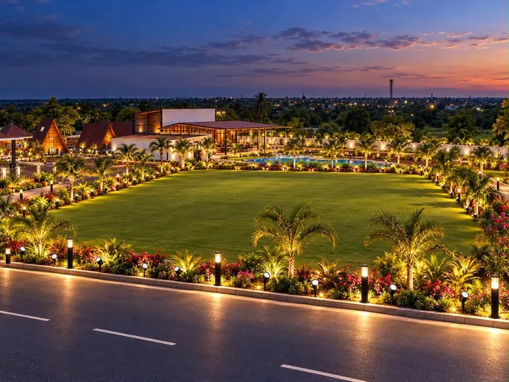 The estate's lawns and buildings illuminated at night