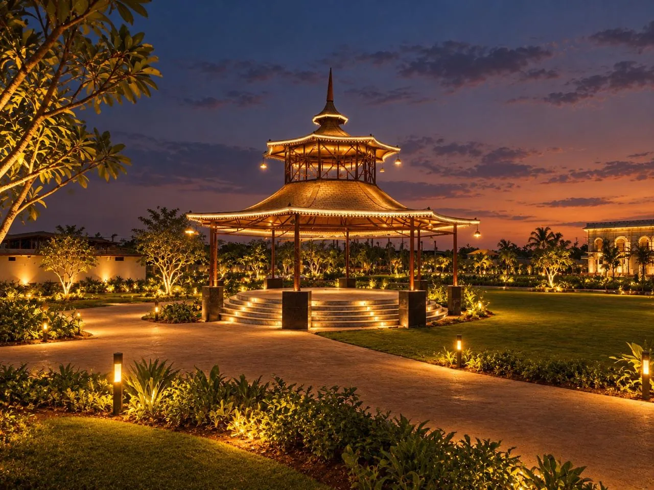 Golden pagoda wedding mandap in the gardens of Soulspire Resort, Moinabad