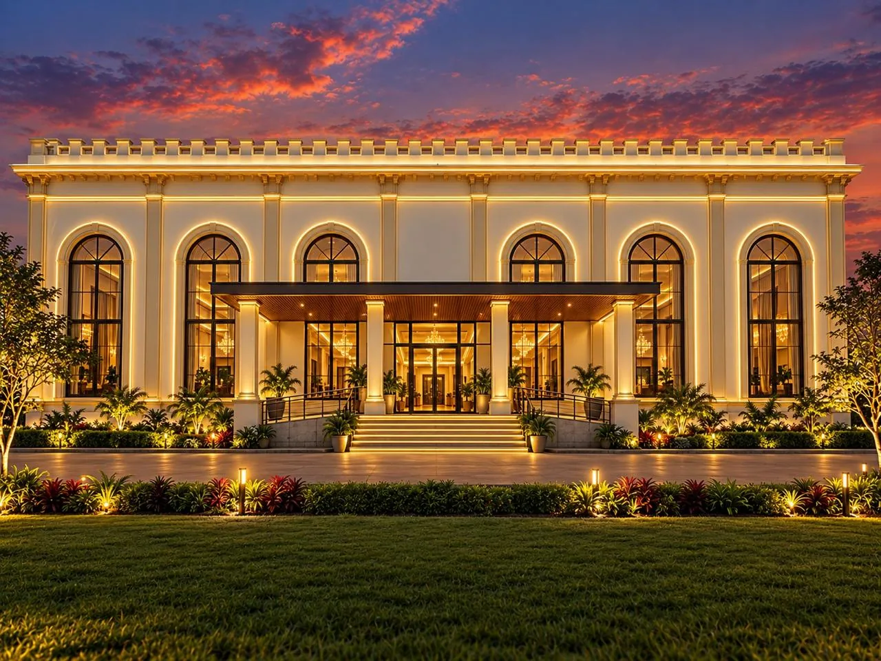 Palace-style banquet hall at Soulspire Resort lit up at dusk