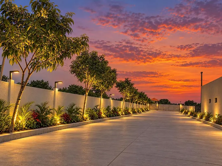 Tree-lined driveway with wall lights at sunset