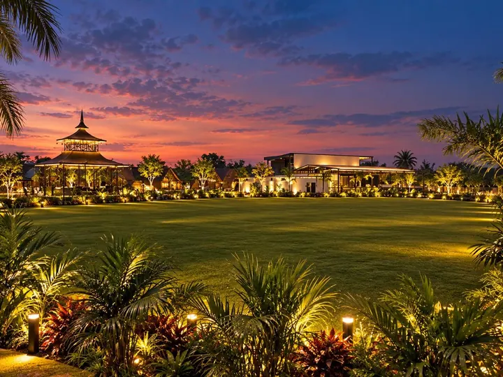Expansive manicured wedding lawn under a sunset sky at Soulspire Resort